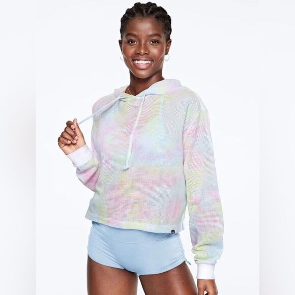 VS PINK Size Large Mesh Pullover Hoodie Sweater Top Rainbow Tie Dye - Picture 7 of 8